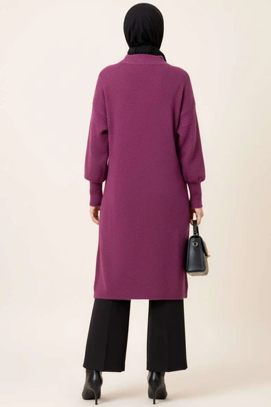 Metal Düğmeli Uzun Sakallı Hırka Mürdüm - Resim 3