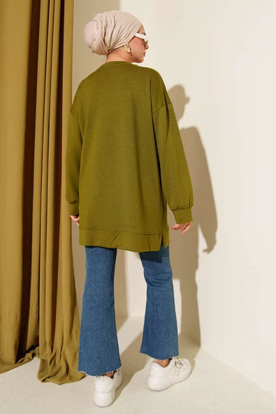 Loyşa Coco Yazı Süslemeli Tunik Yağ Yeşili - Resim 3