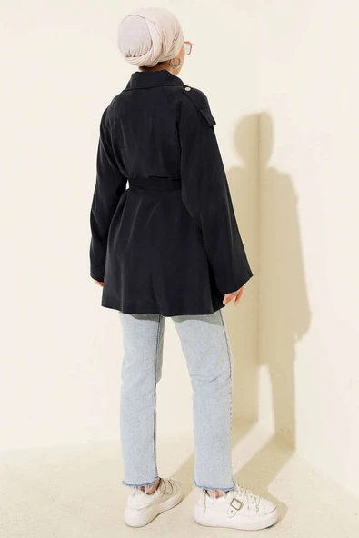 Omuz Apoletli Tensel Trençkot Lacivert - Resim 3