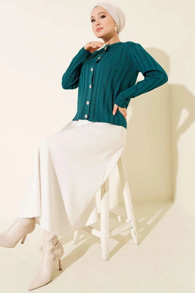 Fitilli Düğmeli Triko Hırka Petrol Yeşili - Resim 2