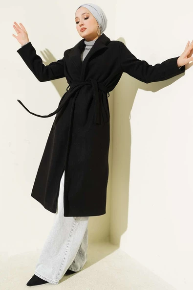 Kruvaze Yaka Kuşaklı Astarlı Kaban Siyah ürün görseli 1