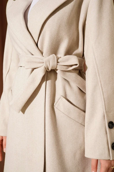 Kol Düğmeli Kuşaklı Kaşe Kaban Taş - Resim 4