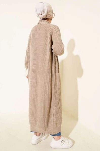 Şal Yaka Örgü Kabartmalı Triko Hırka Latte - Resim 3