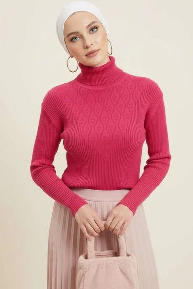 V Puantiye Kabartma Triko Kazak Pembe ürün görseli 1