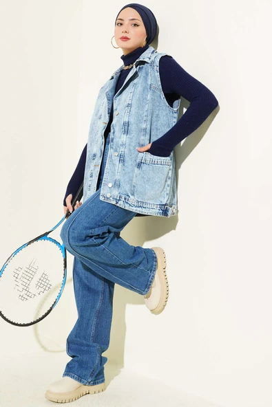 Cep Detaylı Kot Yelek Kot Mavisi - Resim 2