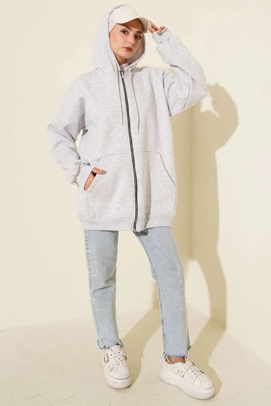 Serpme Taşlı Üç İplik Hırka Gri - Resim 2