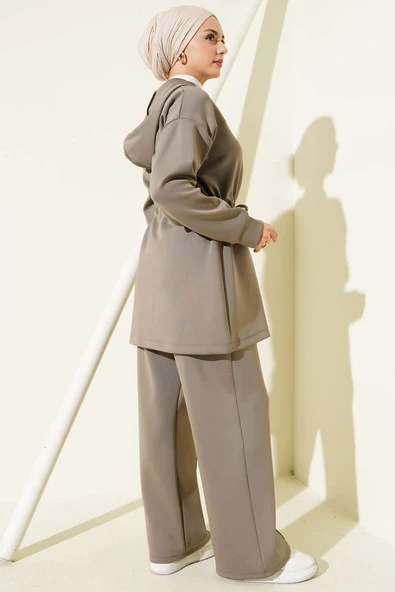 Kapüşonlu Bel Tünelli Bağcıklı İkili Takım Vizon - Resim 3