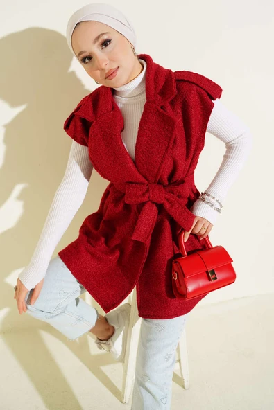 Kruvaze Yaka Kuşaklı Buklet Yelek Kırmızı - Resim 1
