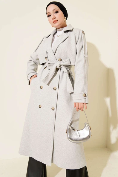 Omuz Apoletli Düğme Detaylı Kaşe Kaban Melanj Gri ürün görseli 1