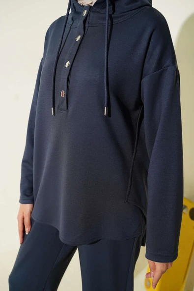 Yaka Çıtçıtlı Kapüşonlu İkili Takım Füme - Resim 4