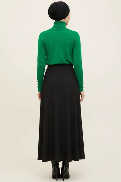 Kol Düğmeli Balıkçı Yaka Triko Kazak Yeşil - Resim 3