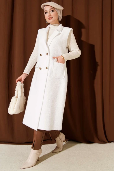 Düğmeli Uzun Buklet Yelek Beyaz ürün görseli