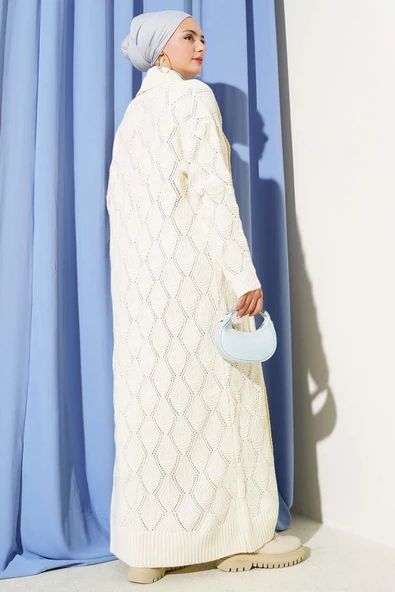 Şal Yaka Örgü Desenli Uzun Triko Hırka Taş - Resim 3