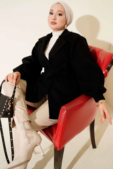 Balon Kol Kuşaklı Kısa Kaban Siyah ürün görseli 1