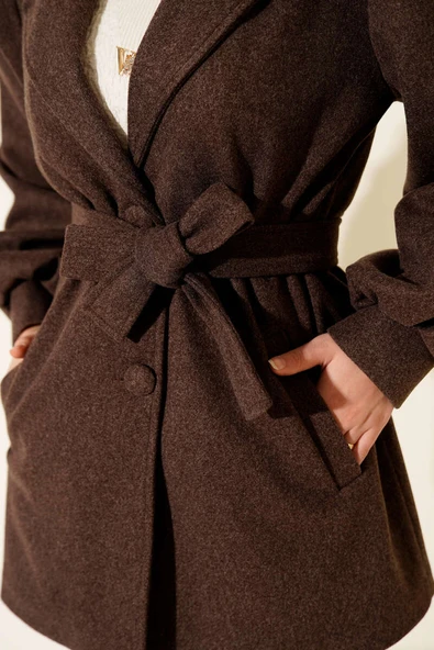 Balon Kol Kuşaklı Kısa Kaban Kahve - Resim 4