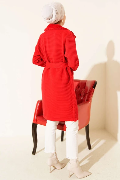 Kürk Detaylı Kemerli Triko Hırka Kırmızı - Resim 3