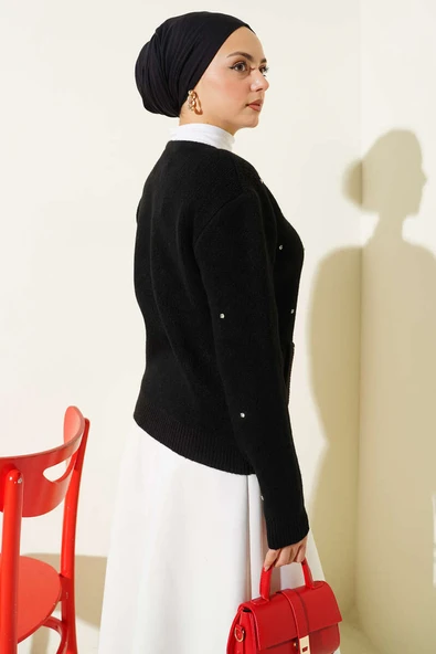 Taşlı Fermuarlı Kısa Triko Hırka Siyah - Resim 3