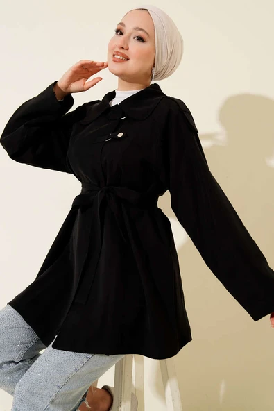 Omuz Apoletli Tensel Trençkot Siyah ürün görseli 1