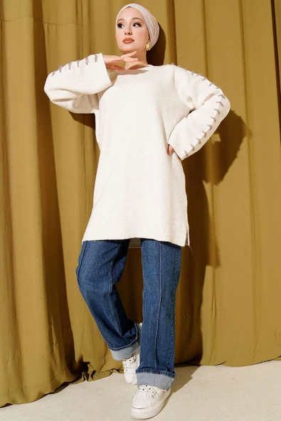 Kol Bağcık Detaylı Triko Tunik Taş - Resim 2