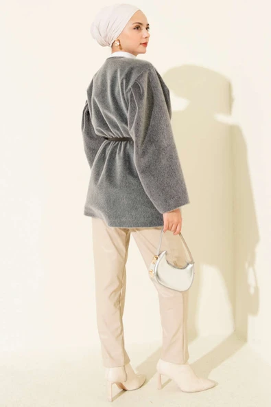 Gold Düğmeli Kemerli Goldfox Ceket Füme - Resim 3