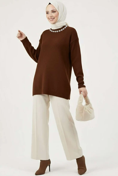 Yaka İncili Sakallı Tunik Acı Kahve - Resim 2