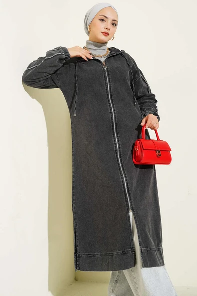 Kapüşonlu Fermuarlı Kot Kap Füme ürün görseli 1