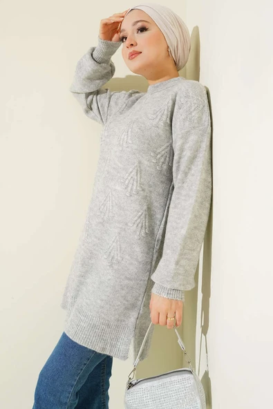 Kiraz Salkımlı Kabartma Yumoş Triko Tunik Gri ürün görseli 1