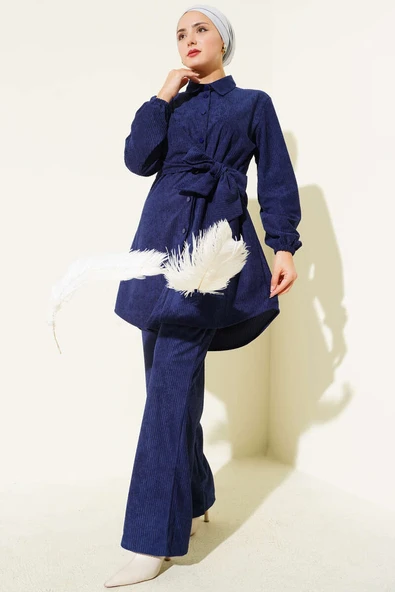 Yan Bağlamalı Kadife Fitilli İkili Takım Lacivert ürün görseli 1