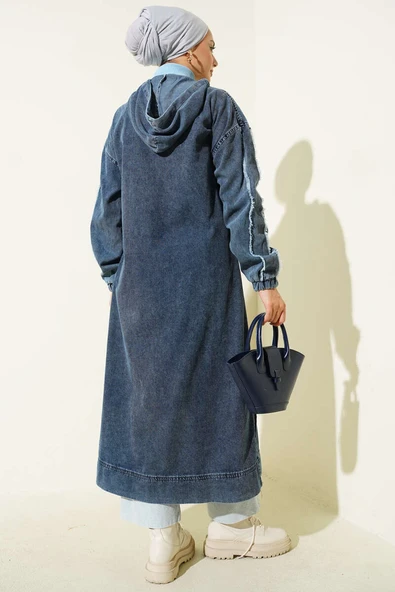 Kapüşonlu Fermuarlı Kot Kap Koyu Mavi - Resim 3