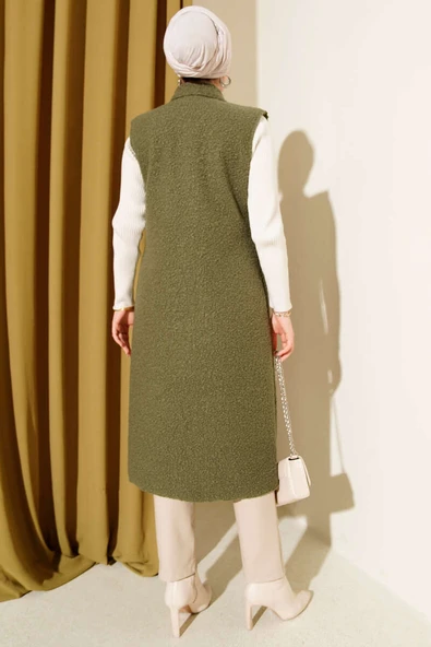 Düğmeli Uzun Buklet Yelek Haki - Resim 3