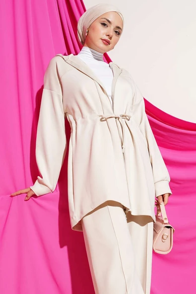 Kapüşonlu Bel Tünelli Bağcıklı İkili Takım Bej - Resim 2