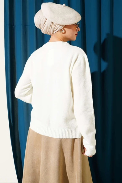 Çiçek İşlemeli Kısa Triko Hırka Ekru - Resim 3