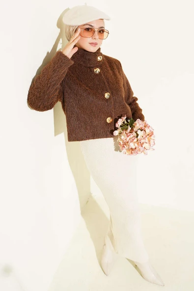 Yarım Balıkçı Yaka Gold Düğmeli Ceket Kahve - Resim 2