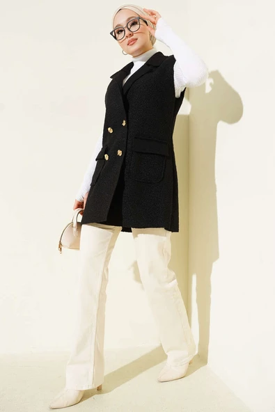 Kruvaze Yaka Düğmeli Detaylı Yelek Siyah - Resim 2