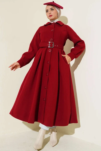 Kemerli Uzun Kaşe Kaban Bordo ürün görseli 1