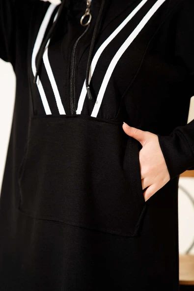 Şeritli Yarım Fermuarlı Loyşa İkili Takım Siyah - Resim 4