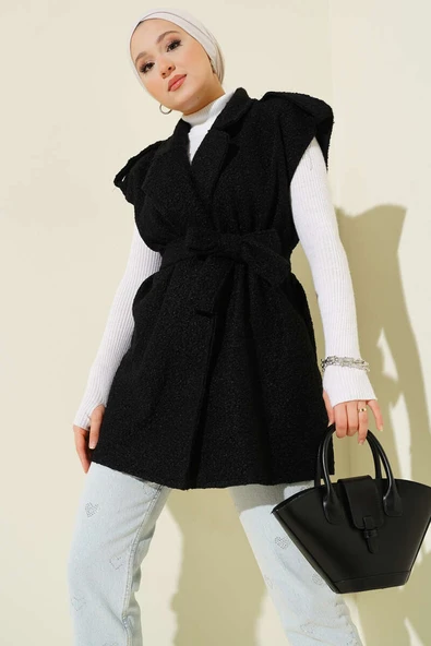 Kruvaze Yaka Kuşaklı Buklet Yelek Siyah ürün görseli
