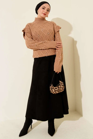 Dik Yaka Taşlı Triko Kazak Latte - Resim 2