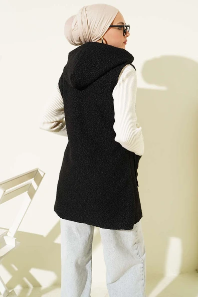Kapüşonlu Buklet Yelek Siyah - Resim 3