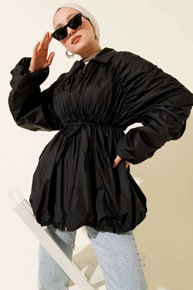 Kol Büzgülü Fermuarlı Trençkot Siyah ürün görseli 1