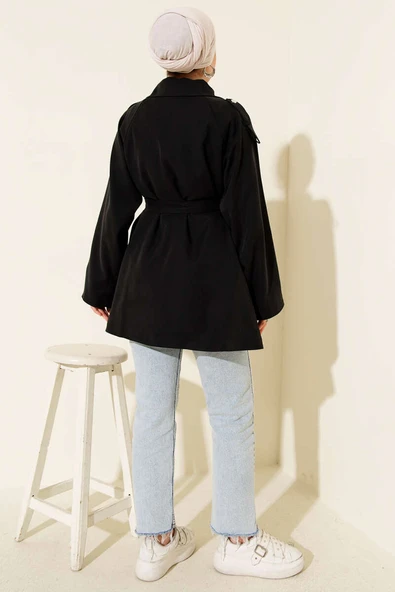 Omuz Apoletli Tensel Trençkot Siyah - Resim 3
