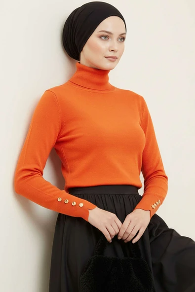 Kol Düğmeli Balıkçı Yaka Triko Kazak Oranj ürün görseli 1