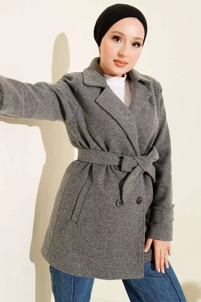 Kuşaklı Kruvaze Yaka Kısa Kaşe Kaban Füme ürün görseli 1