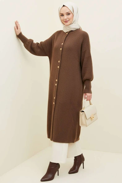 Metal Düğmeli Uzun Sakallı Hırka Kahve - Resim 2