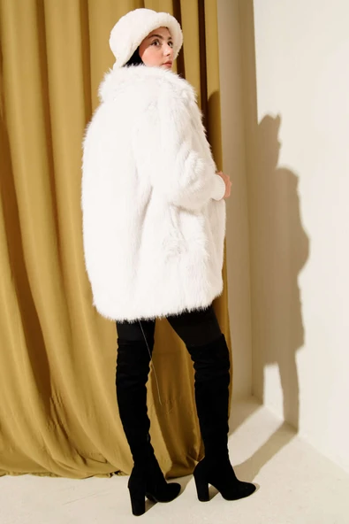 Bilek Ribanalı Kürklü Mont Ekru - Resim 3