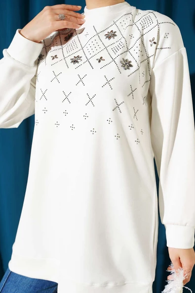 Baklava Taşlı Loyşa Tunik Ekru - Resim 4