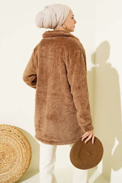 Düğmeli Peluş Hırka Vizon - Resim 3