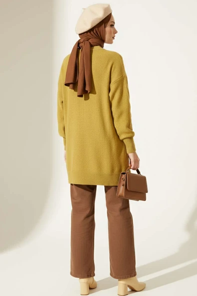 Sarmal Kabartmalı Yumoş Triko Tunik Yağ Yeşili - Resim 3