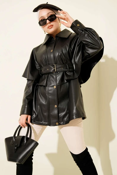 Pelerinli Kemerli Deri Ceket Siyah ürün görseli