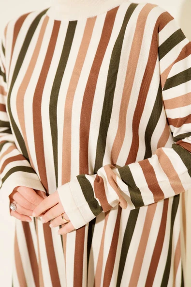 Salaş Uzun Çizgili Triko Tunik Bej - Resim 4